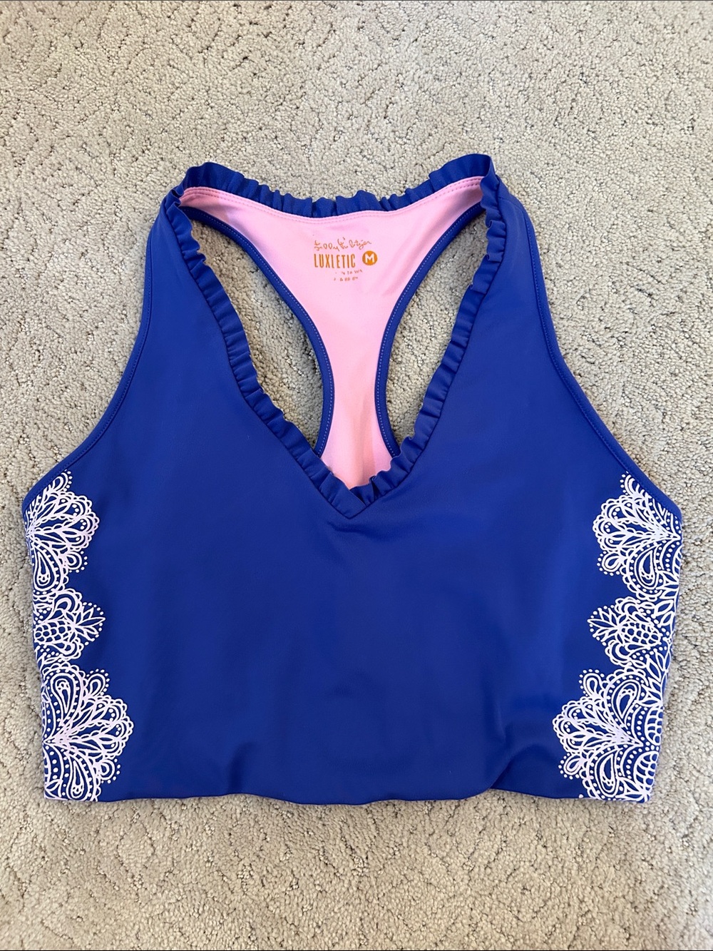 Lilly Pulitzer Royal Blue Ruffle-Trim Racerback Sports Bra with Pink Lining